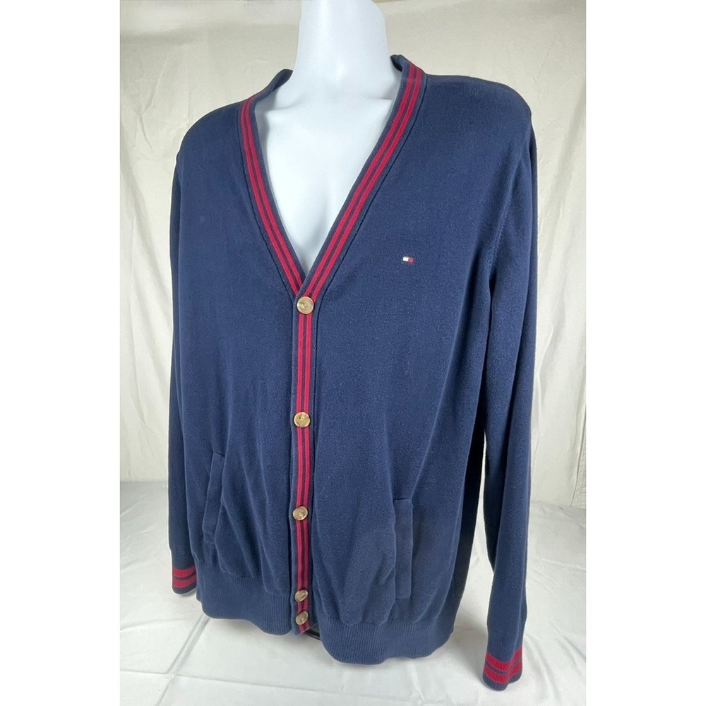 TOMMY HIFIGER CARDIGAN MENS XXL NAVY BLUE RED STRIPE V NECK BUTTON COTTON